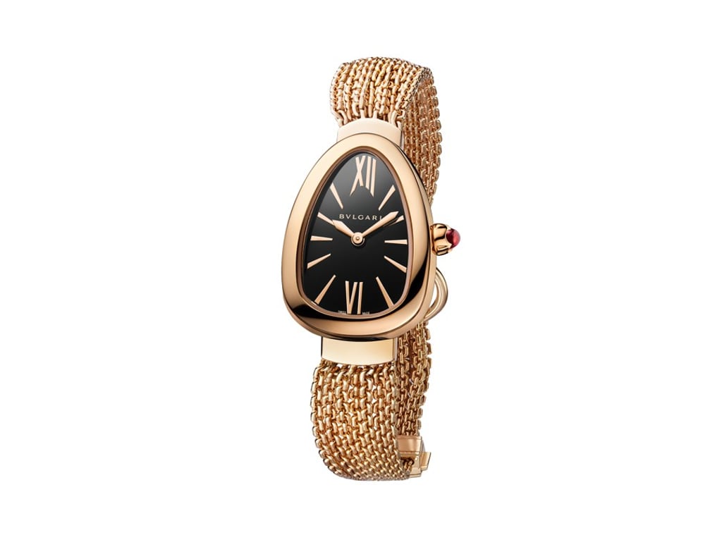 Bvlgari. The graceful Serpenti Twist Your Time watch is set in pink gold with a black dial. It comes with a bracelet composed of dainty pink gold chains and a cabochon-cut rubellite crown, HK$122,000