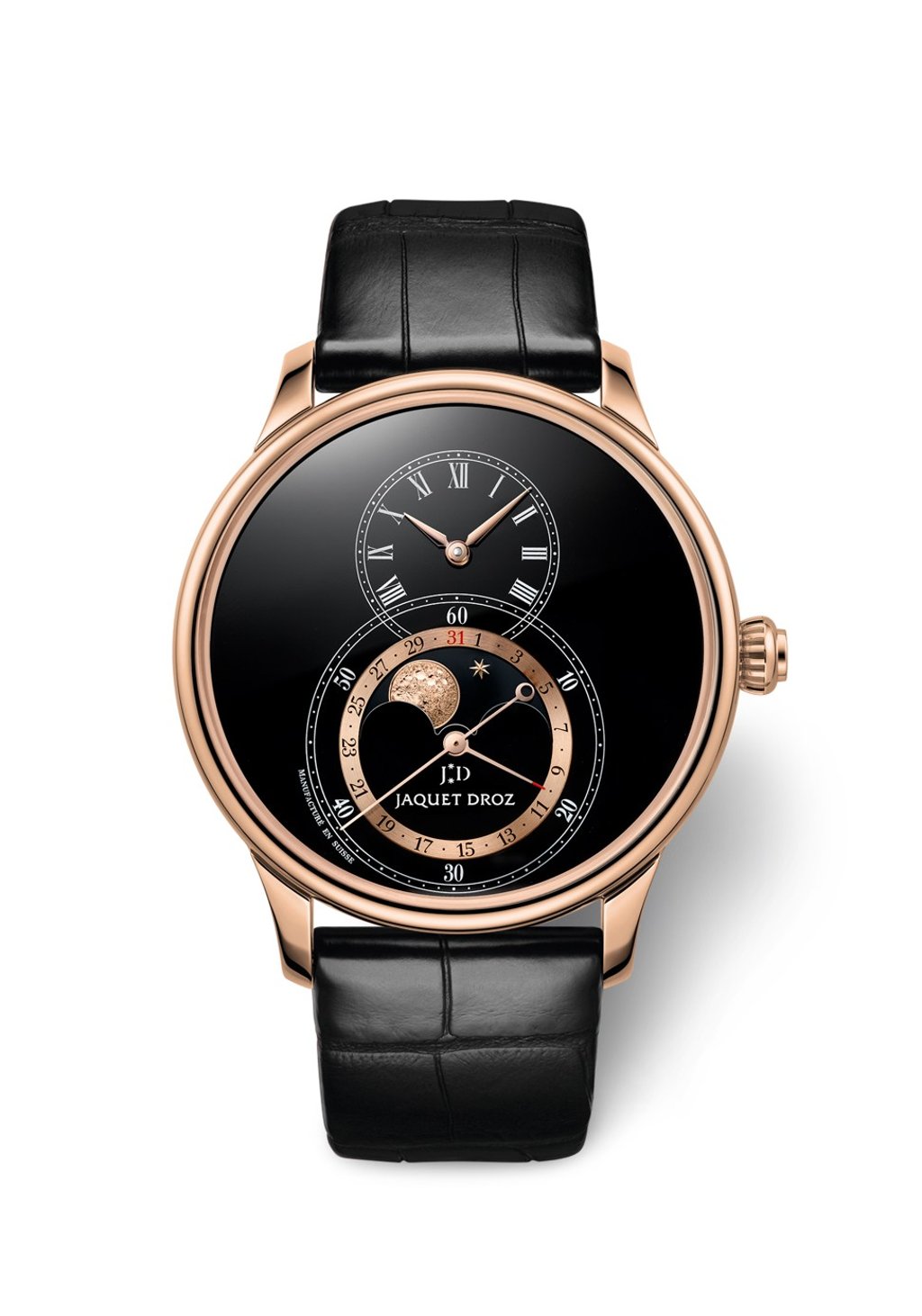 Jaquet Droz. The Grande Seconde Moon Black Enamel watch, in red gold, features a double-level dial in elegant black enamel. It has a moonphase complication and a 22ct gold moon crowning a black onyx moon disk, HK$234,300