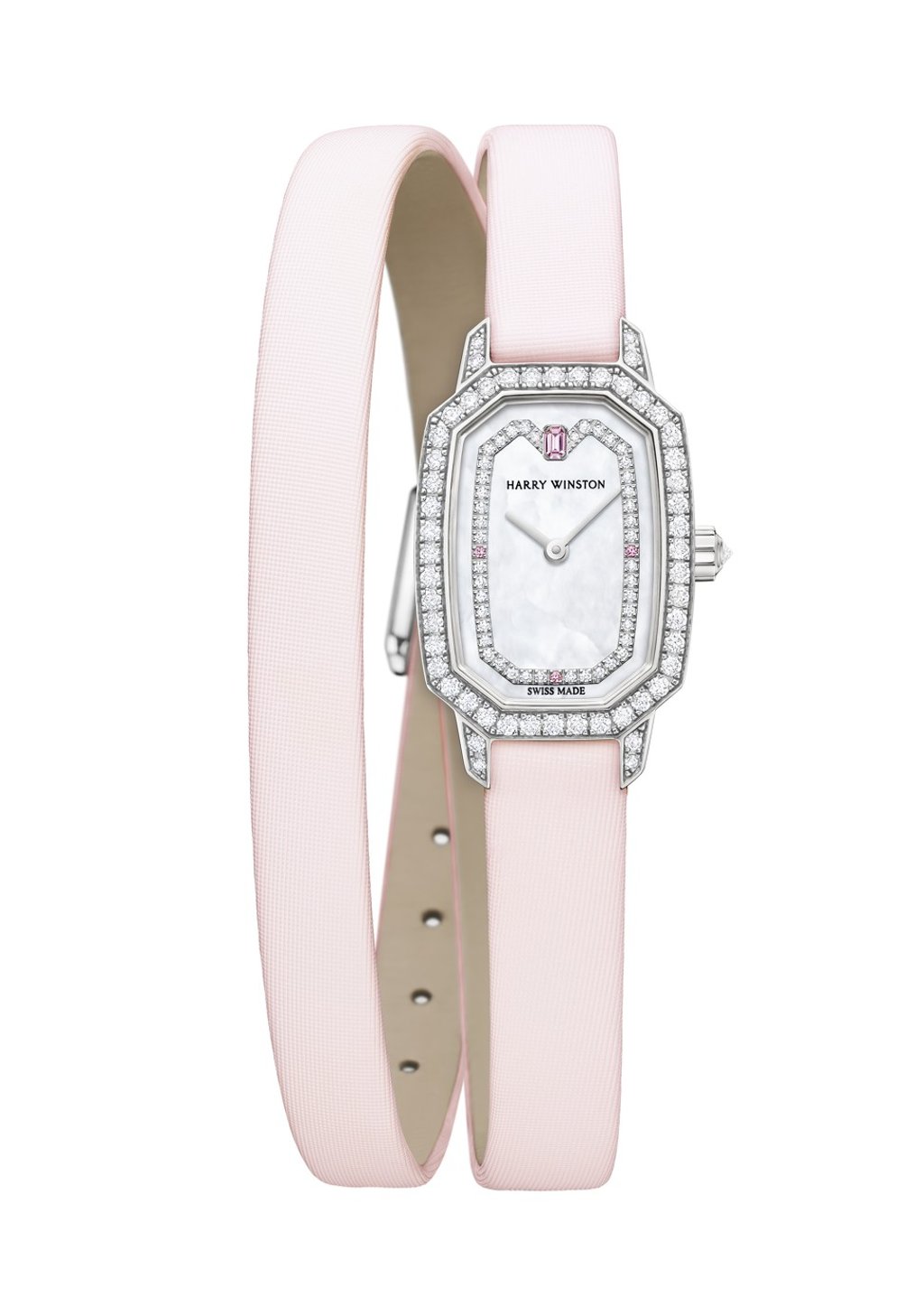 Harry Winston. The feminine Emerald watch comes in a white gold case with a soft pink strap. It is adorned with four pink sapphires and 108 brilliant-cut diamonds against a mother-of-pearl dial. Price on request