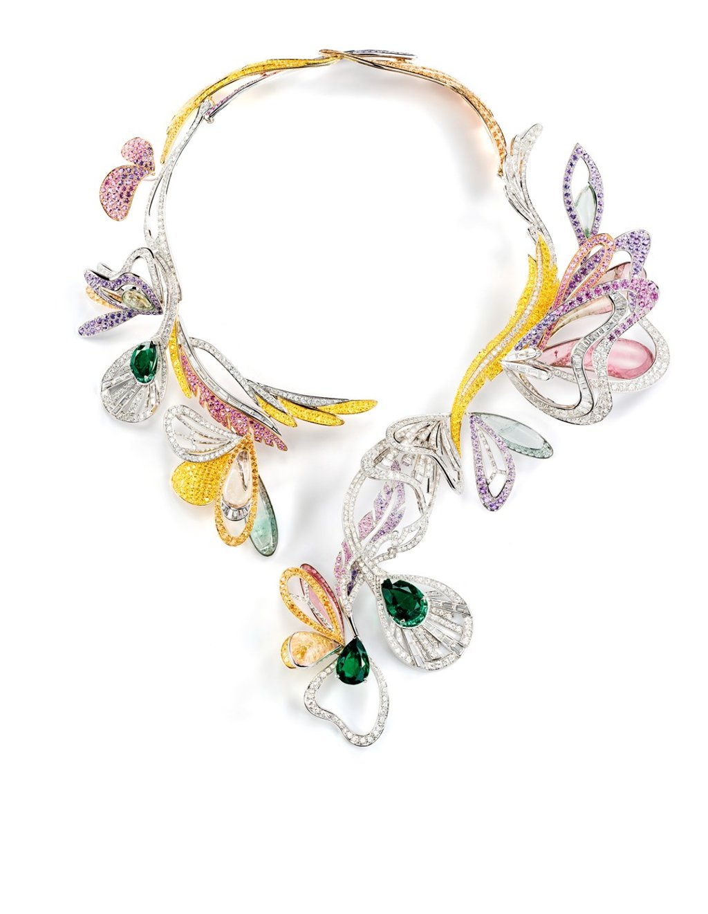 Boucheron. Inspired by butterflies, dragonfly wings and peacock feathers, the Bouquet d’Ailes necklace in white gold is adorned with emeralds, coloured sapphires, diamonds and other fine stones, HK$6.8 million