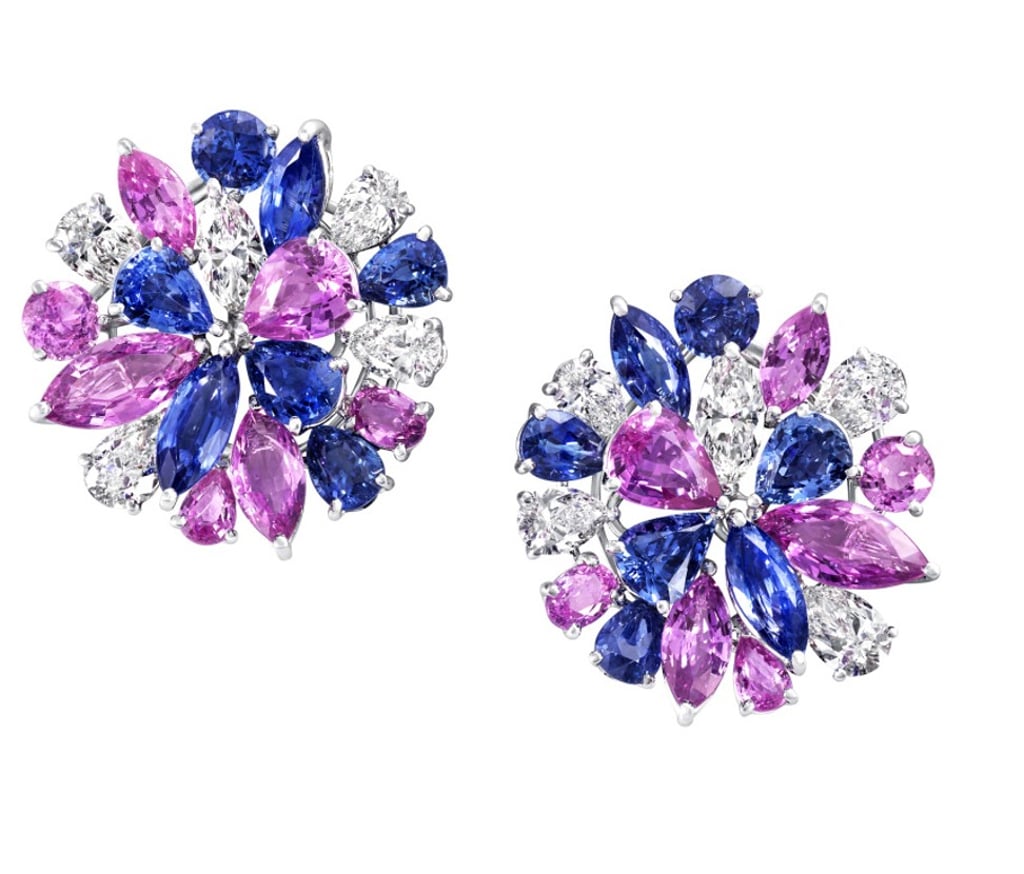 Graff. These vivid earrings comprise 33.65ct of multishaped pink and blue sapphires, and 6.58ct of diamonds. Price on request