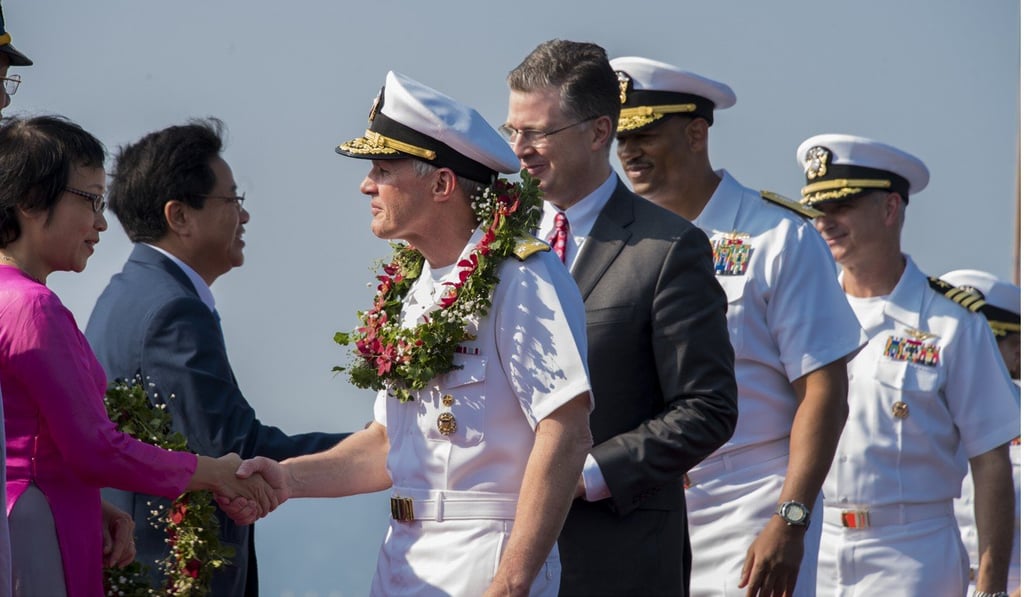 Vice Admiral Phillip Sawyer, Commander of the US Navy’s 7th Fleet, greets Vietnamese officials after the US aircraft carrier USS Carl Vinson pulled into port in Da Nang. Photo: US Navy Vice Admiral Phillip Sawyer, Commander of the US Navy’s 7th Fleet, greets Vietnamese officials after the US aircraft carrier USS Carl Vinson pulled into port in Da Nang. Photo: US Navy