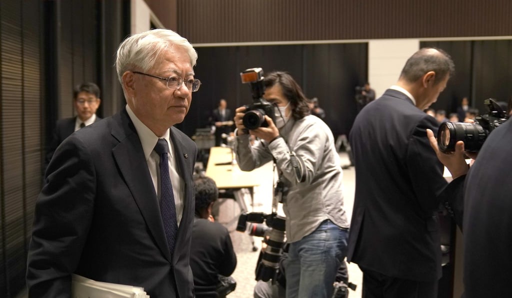 Kobe Steel President and CEO Hiroya Kawasaki leaving the press conference. Photo: AP