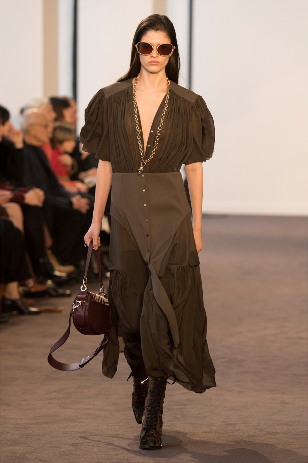 A flowing dress with puffed sleeves