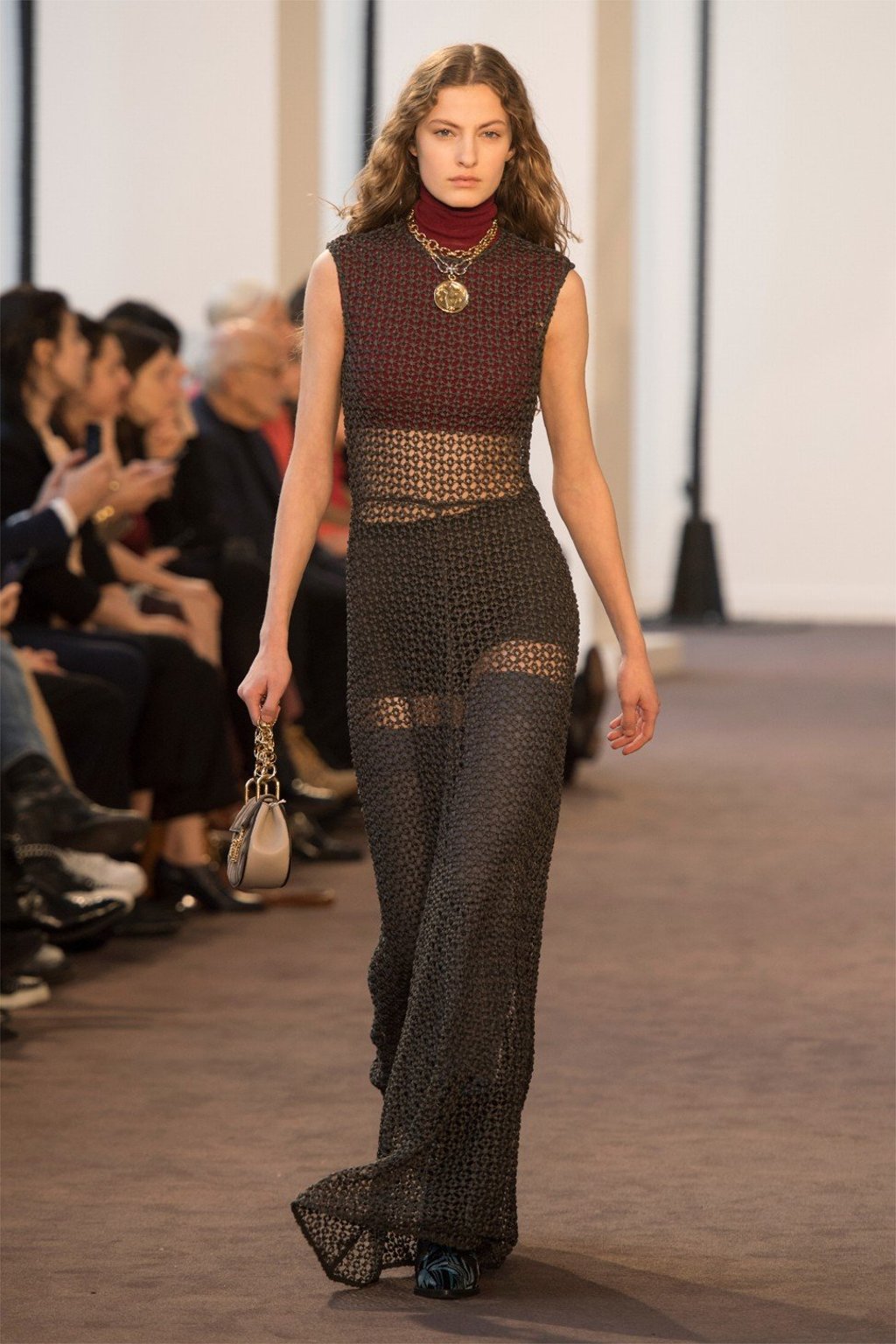 A laid-back, see-through flowing lace dress at Chloé’s autumn/winter 2018 show during Paris Fashion Week.