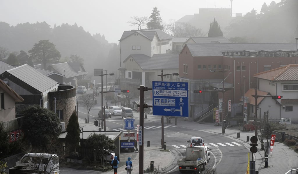 Volcanic ash blankets a hot spring resort area in Kirishima. Photo: Kyodo