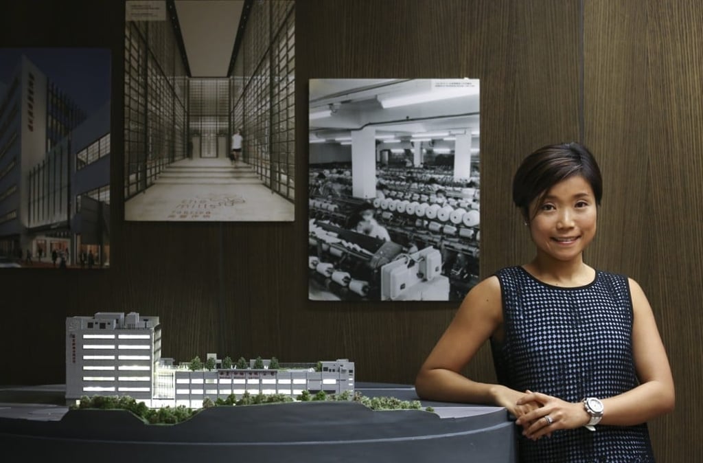 Vanessa Cheung, managing director of Nan Fung Group and granddaughter to its founder, with a model of The Mills redevelopment, at Nan Fung Tower, in Hong Kong. Picture: Jonathan Wong
