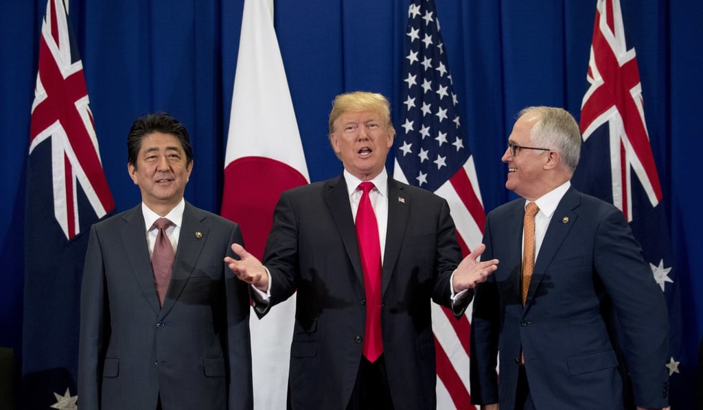 Japanese Prime Minister Shinzo Abe, US President Donald Trump and Australian Prime Minister Malcolm Turnbull speak to reporters at a meeting during the Asean Summit in Manila, Philippines, in November 2017. Japan, the US and Australia, along with India, make up the informal “Quad” alliance that some have touted as an alternative to China’s rise in Asia. Photo: AP