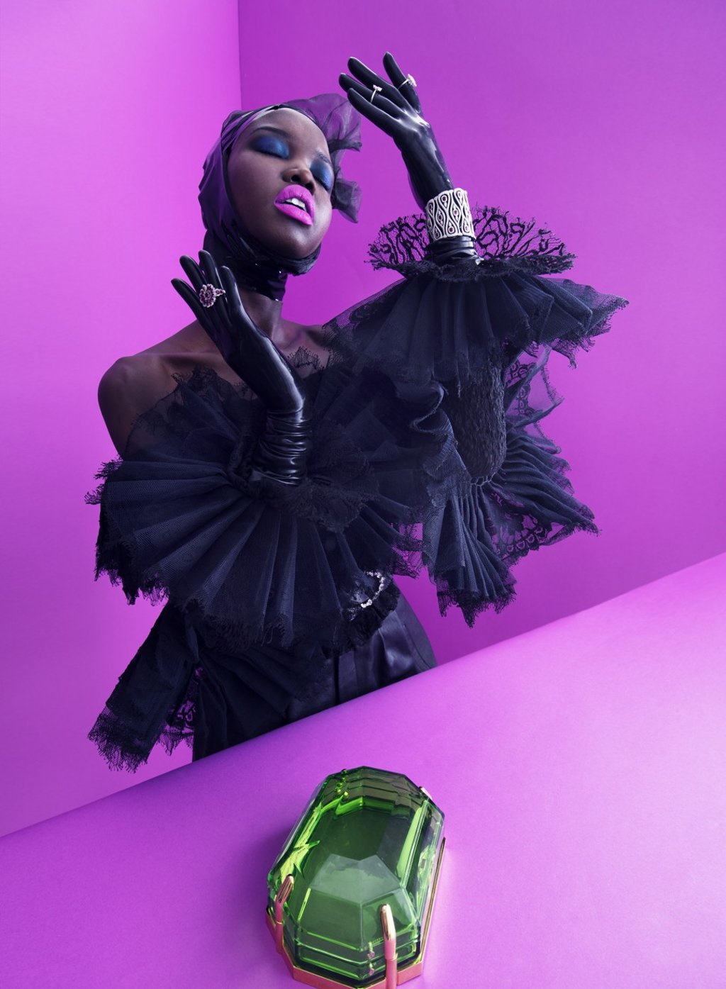 Saint Laurent, ruffled top, HK$300,000, vintage belt, HK$3,900, shorts, HK$18,900; Chopard, three rings from Precious Chopard Collection, prices on request, High Jewellery Collection bracelet with rubies and diamonds, price on request; Charlotte Olympia, clutch, price on request