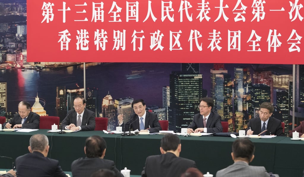 Wang Huning (centre) joins a panel discussion with Hong Kong deputies. Photo: Xinhua