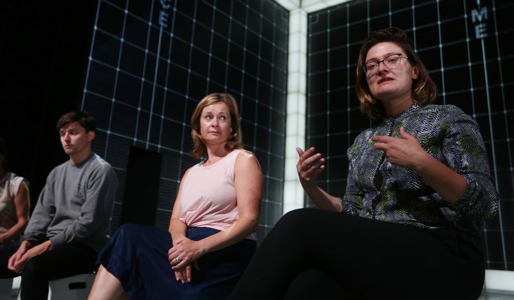 Main characters in the play (from left) Christopher Boone, played by Joshua Jenkins; Christopher’s teacher Siobhan, played by Julie Hale; and Christopher’s mother Judy, played by Emma Beattie. Photo: Xiaomei Chen