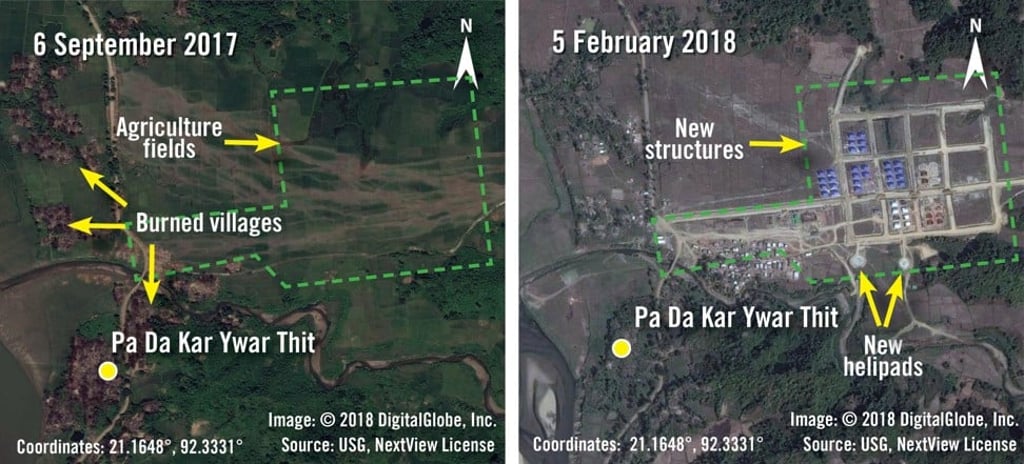 Before and after images taken on September 6, 2017 and February 5, 2018 of new structures and helipads being built over agricultural fields in the village of Pa Da Kar Ywar Thit in Myanmar's Rakhine State. Photo: AFP