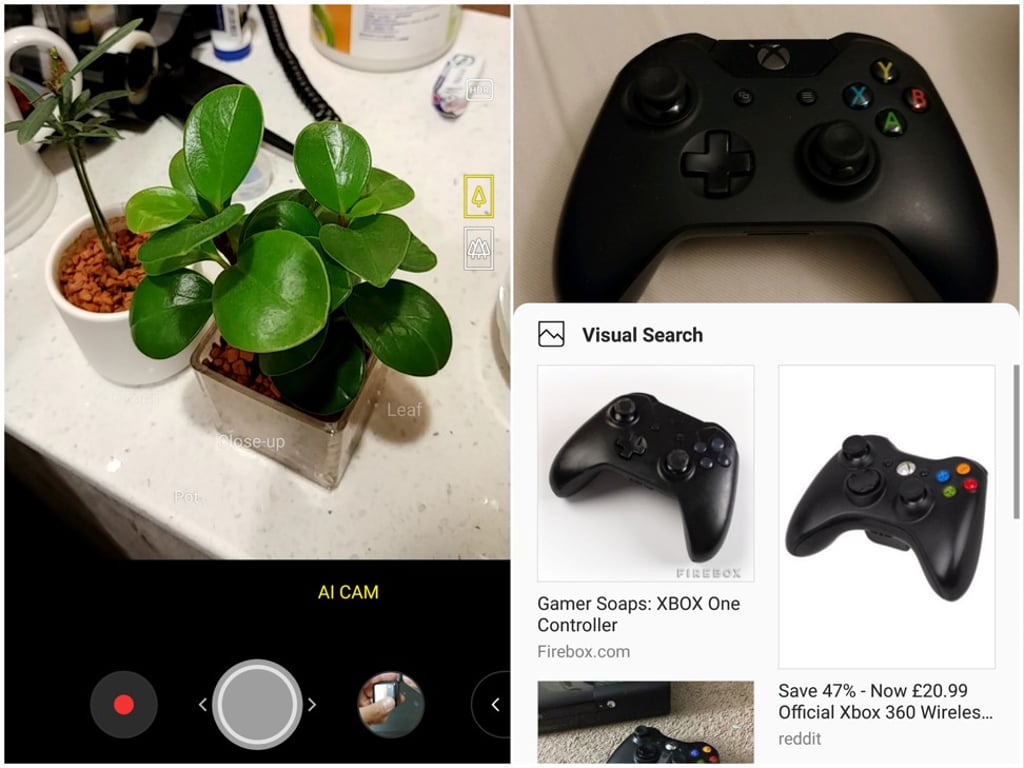 Two screenshots show the AI-powered camera on the LG V30S in action. The camera correctly identifies a small potted plant (left) and an Xbox One controller, and pulls up images from the internet similar to the latter. Photo: Ben Sin