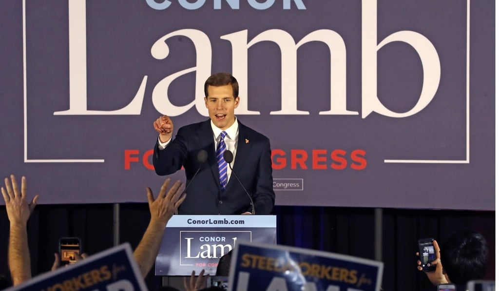Conor Lamb, the Democratic candidate for the March 13 special election in Pennsylvania's 18th Congressional District celebrates with his supporters at his election night party in Canonsburg early Wednesday. Photo: AP Conor Lamb, the Democratic candidate for the March 13 special election in Pennsylvania's 18th Congressional District celebrates with his supporters at his election night party in Canonsburg early Wednesday. Photo: AP