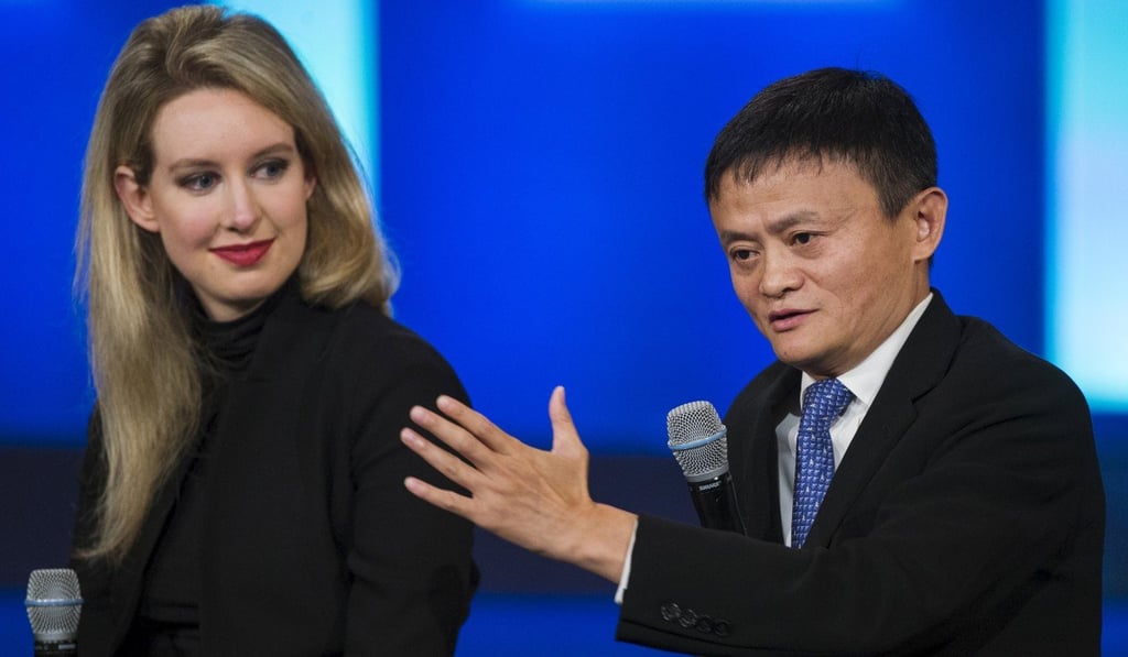Jack Ma, executive chairman of Alibaba Group, speaks in front of Elizabeth Holmes, CEO of Theranos, during the Clinton Global Initiative's annual meeting in New York, on September 29, 2015. Photo: Reuters