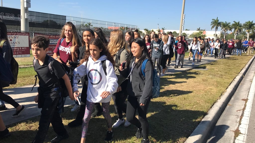 Students stage a walkout at Marjory Stoneman Douglas High School during National School Walkout to protest gun violence in Parkland, Florida. Their school was subjected to a mass shooting on Valentine’s Day that has sparked a nationwide response. Photo: Reuters