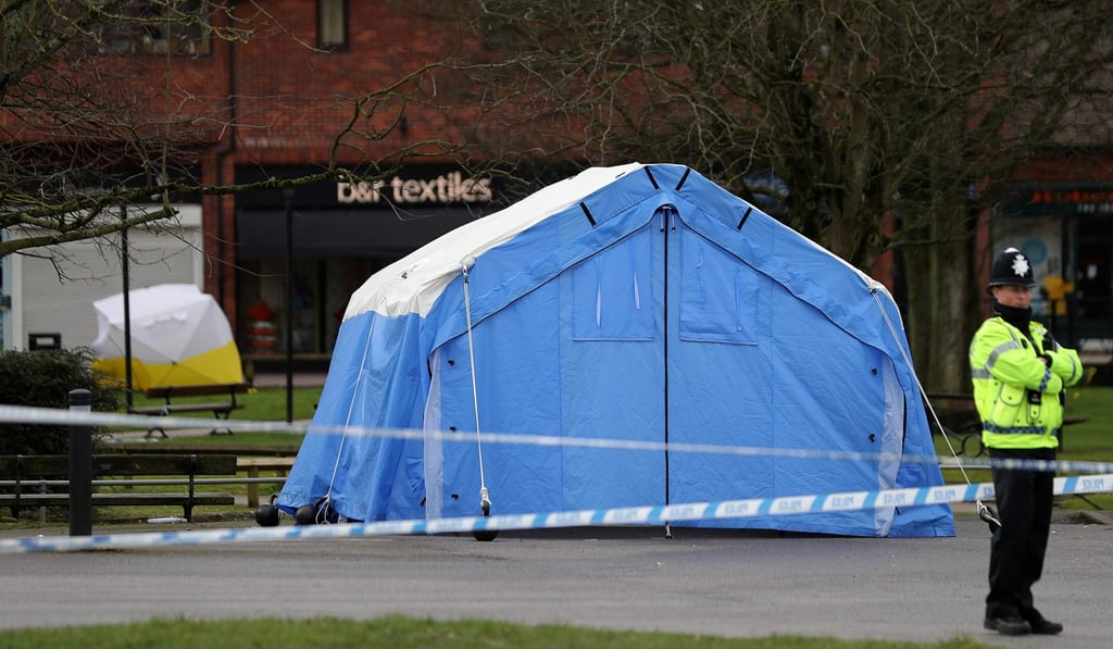 A bench covered in a protective tent is pictured at The Maltings shopping centre in Salisbury, southern England, on Thursday as investigations continue in connection with the poisoning of Sergei Skripal. Photo: AFP