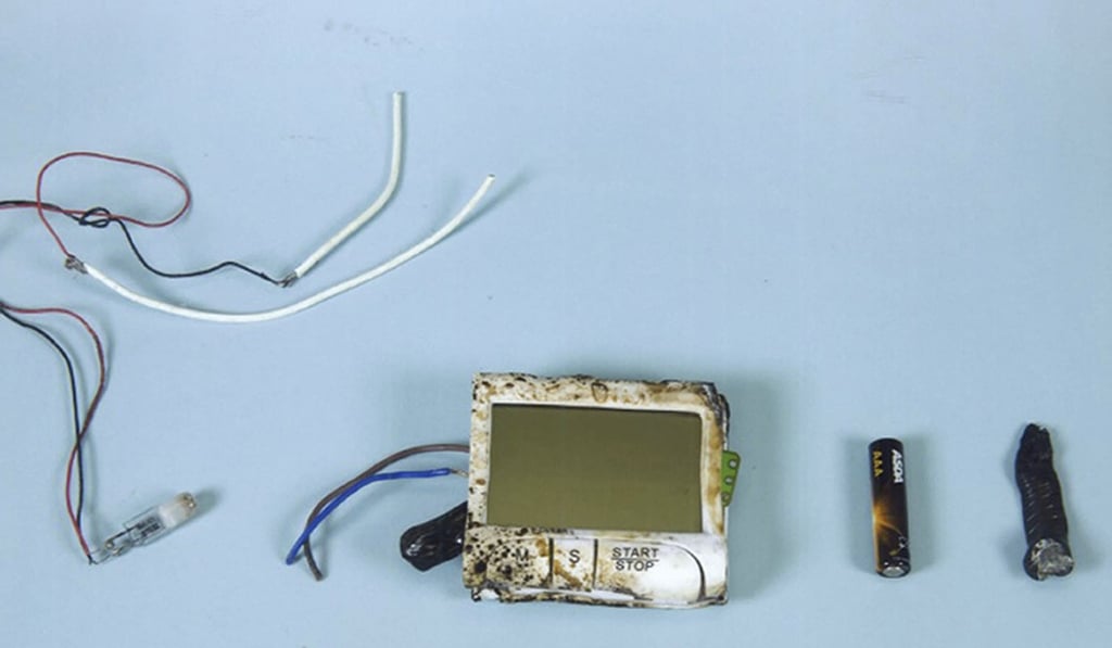 Police photographs of the components of the device that exploded on a train at Parsons Green. Photo: AP