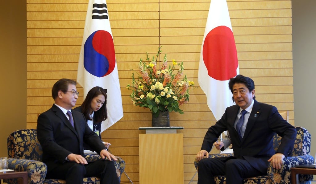 South Korea's intelligence agency chief Suh Hoon meets Japanese Prime Minister Shinzo Abe. Suh visited Tokyo to discuss the results of a Seoul delegation's recent meetings with the top leaders of North Korea and the United States. Photo: EPA