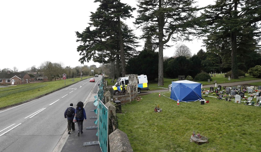 A forensics tent surrounds the grave sites of the wife and son of former Russian spy Sergei Skripal. Skripal had visited the site around the time he was poisoned. Photo: AFP A forensics tent surrounds the grave sites of the wife and son of former Russian spy Sergei Skripal. Skripal had visited the site around the time he was poisoned. Photo: AFP