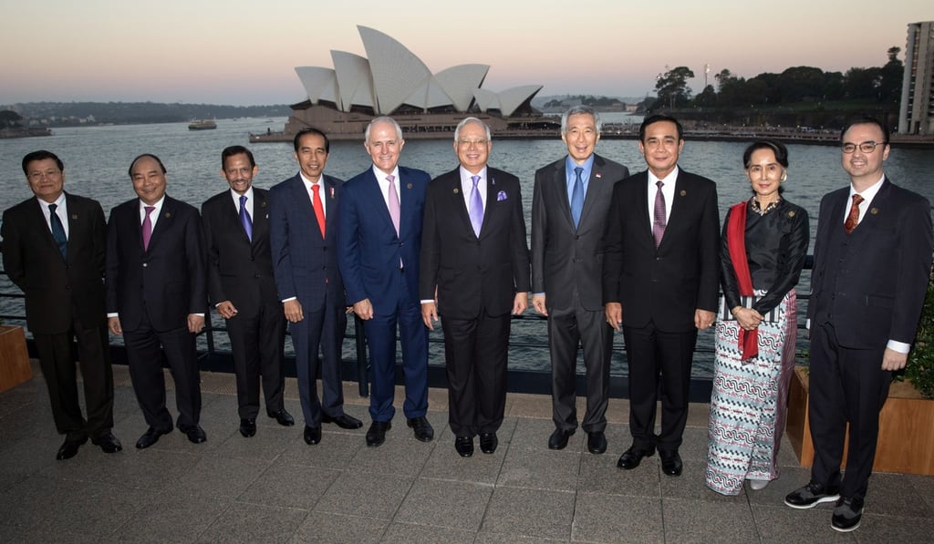 From left: Laos Prime Minister Thongloun Sisoulith, Vietnam’s Prime Minister Nguyen Xhan Phuc, Brunei’s Sultan Hassanal Bolkiah, Indonesia’s President Joko Widodo, Malaysian Prime Minister Najib Razak, Singapore’s Prime Minister Lee Hsien Loong, Thai Prime Minister Prayuth Chan-ocha, Myanmar’s State Counsellor Aung San Suu Kyi, Philippine Foreign Secretary Alan Peter Cayetano and Asean Secretary General Lim Jock Hoi. Photo: AFP