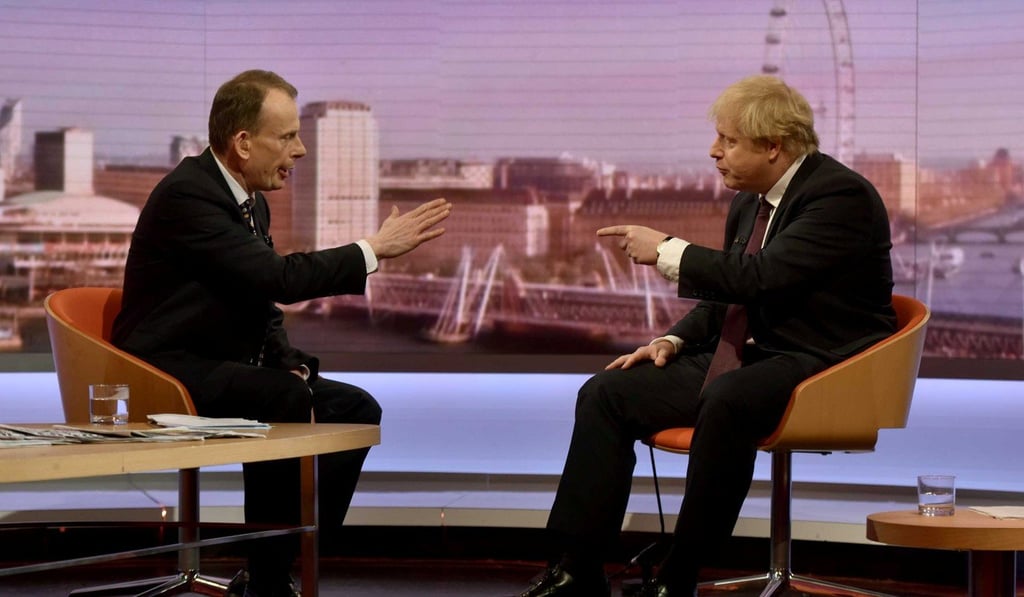 Britain's Foreign Secretary Boris Johnson is seen speaking on the BBC's Andrew Marr Show in this photograph received via the BBC in London, Britain March 18, 2018. Jeff Overs/BBC/Handout via REUTERS - THIS IMAGE WAS SUPPLIED BY A THIRD PARTY. NO RESALES. NO ARCHIVES.