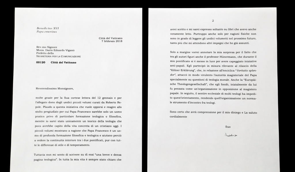 A complete copy of a letter by Emeritus Pope Benedict XVI about Pope Francis that the Vatican released Saturday. Photo: AP A complete copy of a letter by Emeritus Pope Benedict XVI about Pope Francis that the Vatican released Saturday. Photo: AP