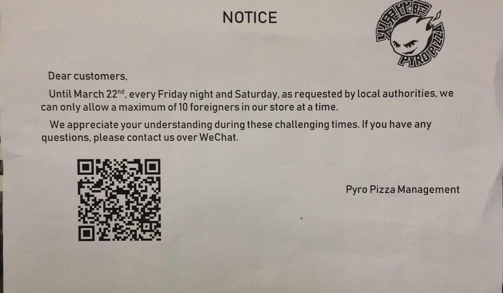 Some restaurants in Beijing posted notices informing foreigners there were restrictions on how many could gather at one time. Photo: Handout