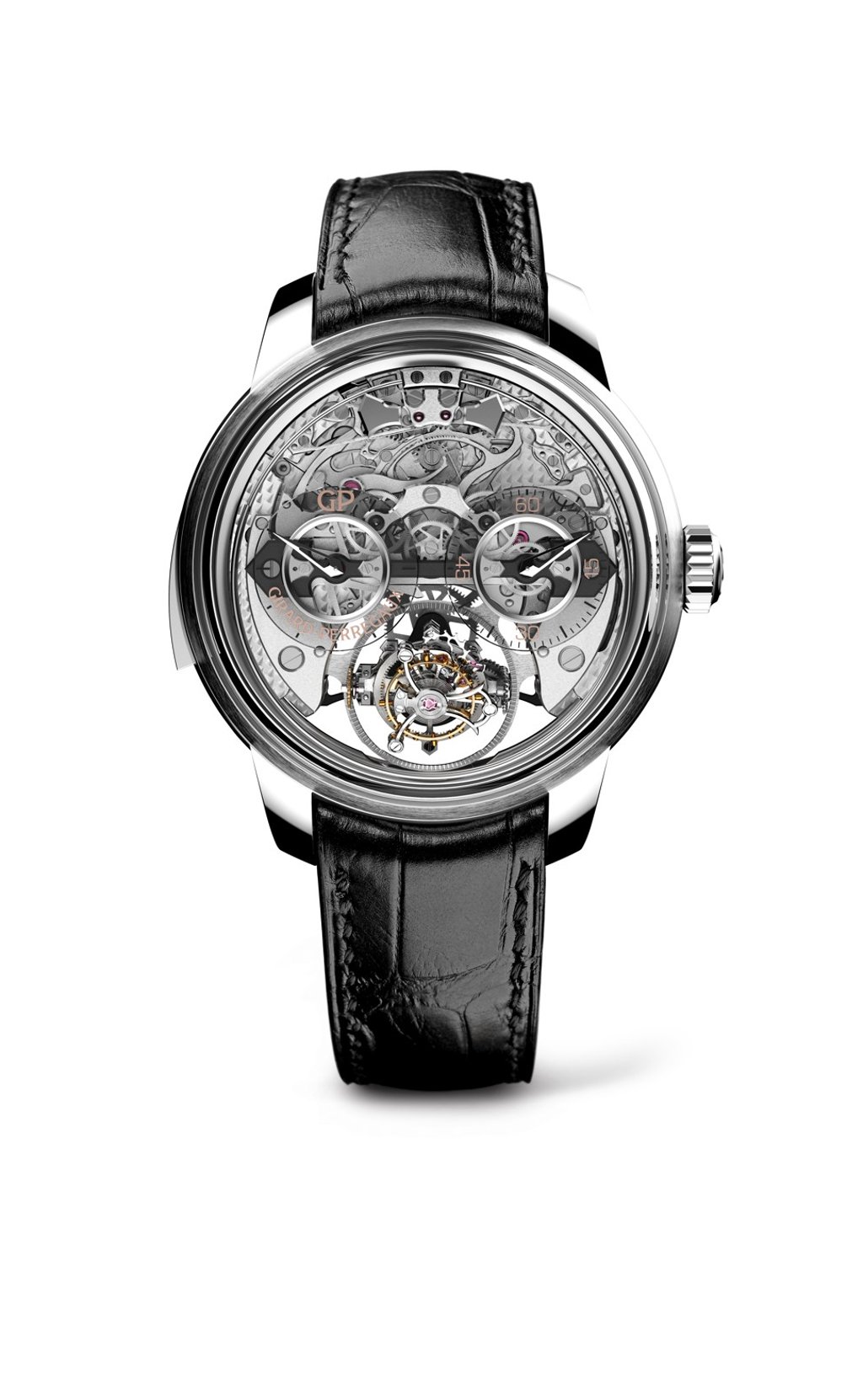 Minute Repeater Tri-Axial Tourbillon by Girard Perregaux, which is equipped with a gong to sound delightful chimes and features two concave box-type sapphire crystals to showcase the 37.50 mm-diameter movement, reference GP09560-0001. Minute Repeater Tri-Axial Tourbillon by Girard Perregaux, which is equipped with a gong to sound delightful chimes and features two concave box-type sapphire crystals to showcase the 37.50 mm-diameter movement, reference GP09560-0001.