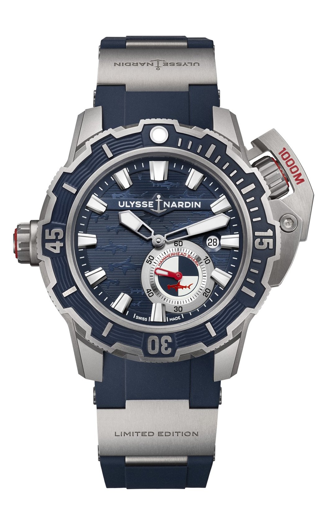 Ulysse Nardin Diver Deep Dive is driven by the calibre UN-320 and is limited to 300 pieces. The dial is stamped with 15 hammerhead sharks, a red hammerhead is on the dial counter, and one more red shark is found on the side of the crown guard.