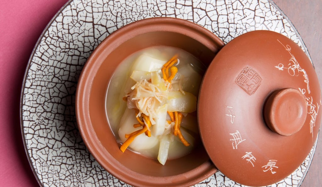 Poached seasonal vegetables with fish maw conpoy, cordyceps flower in supreme soup