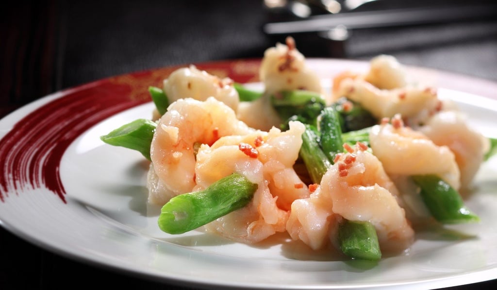 Skewed prawns with Jin Hua ham and vegetables at Tin Lung Heen