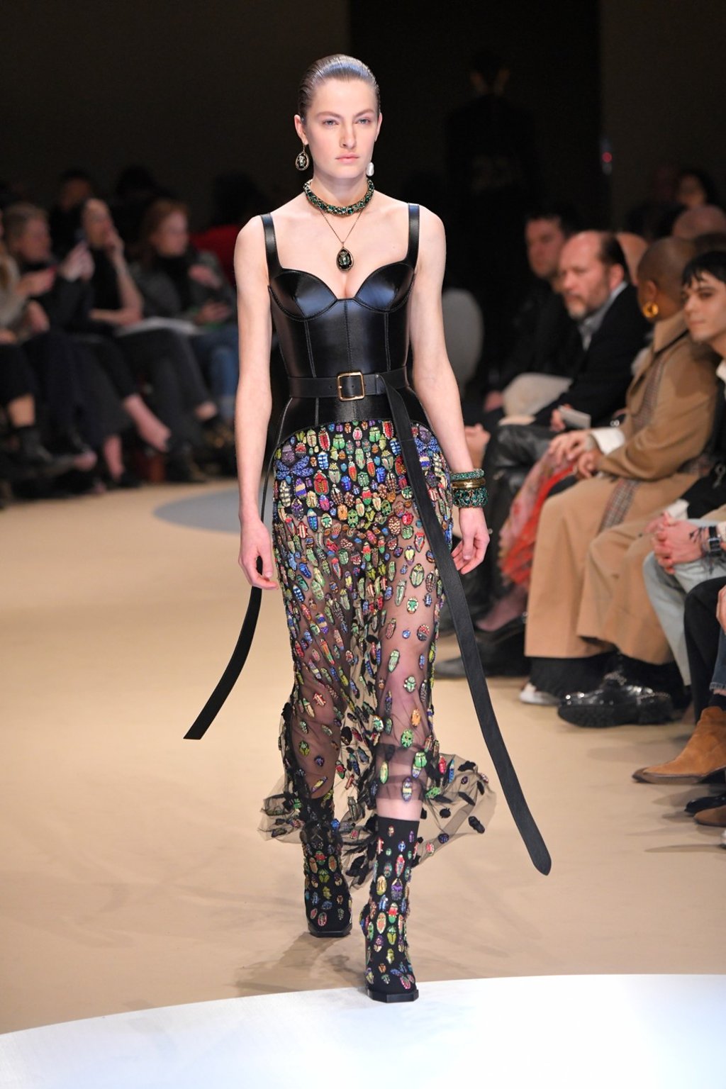 Colourful beetles add a whimsical touch to this look from Alexander McQueen during Paris Fashion Week. Photo: Xinhua