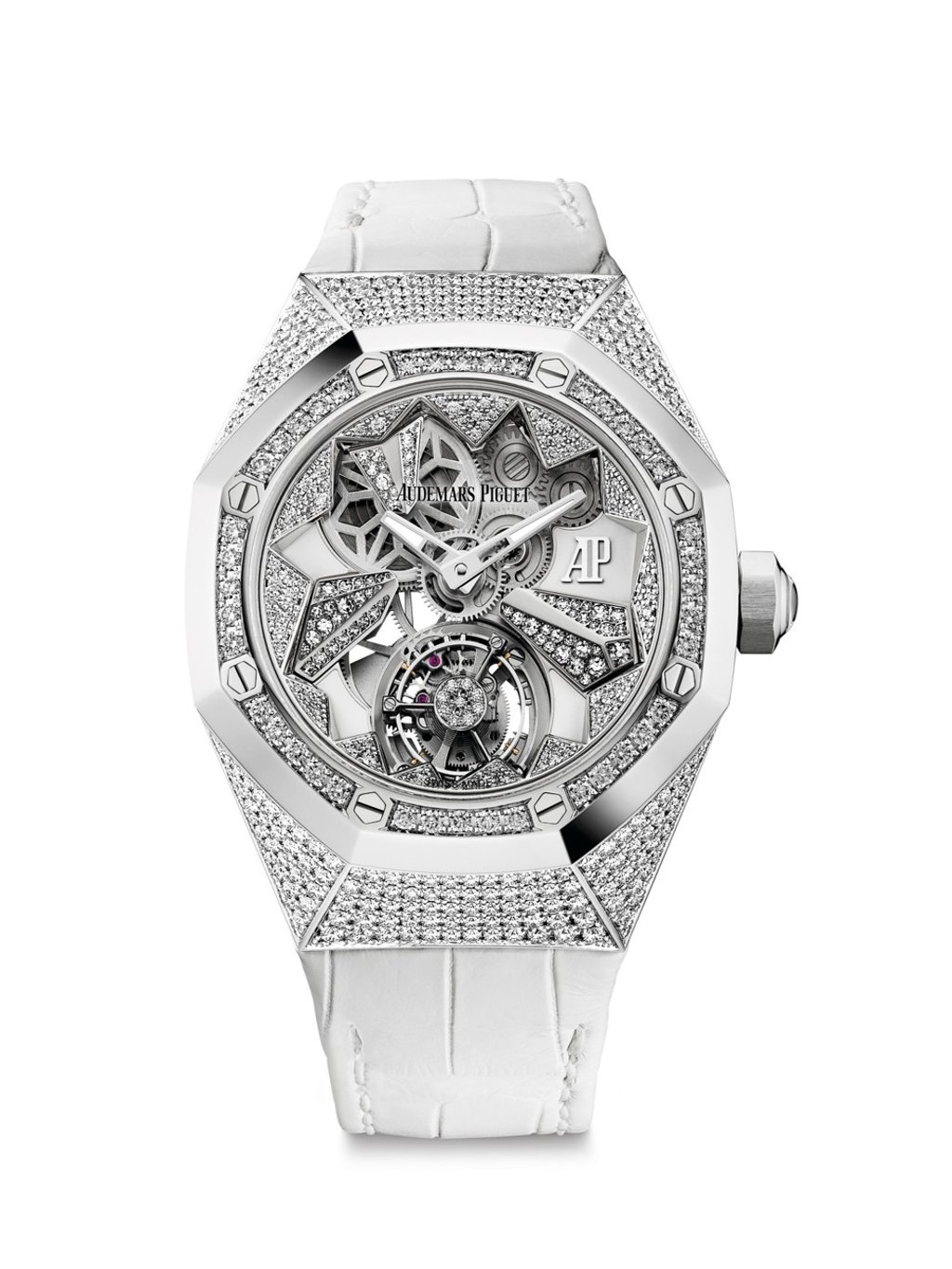 Royal Oak Concept Flying Tourbillon features an open-worked dial paired with diamonds. 38.5mm.