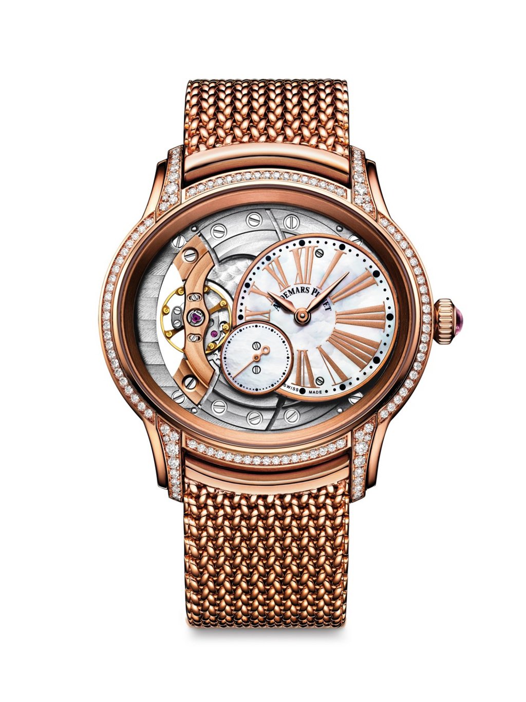 New models in the Millenary collection feature white opal dials on a partially open face. New models in the Millenary collection feature white opal dials on a partially open face.