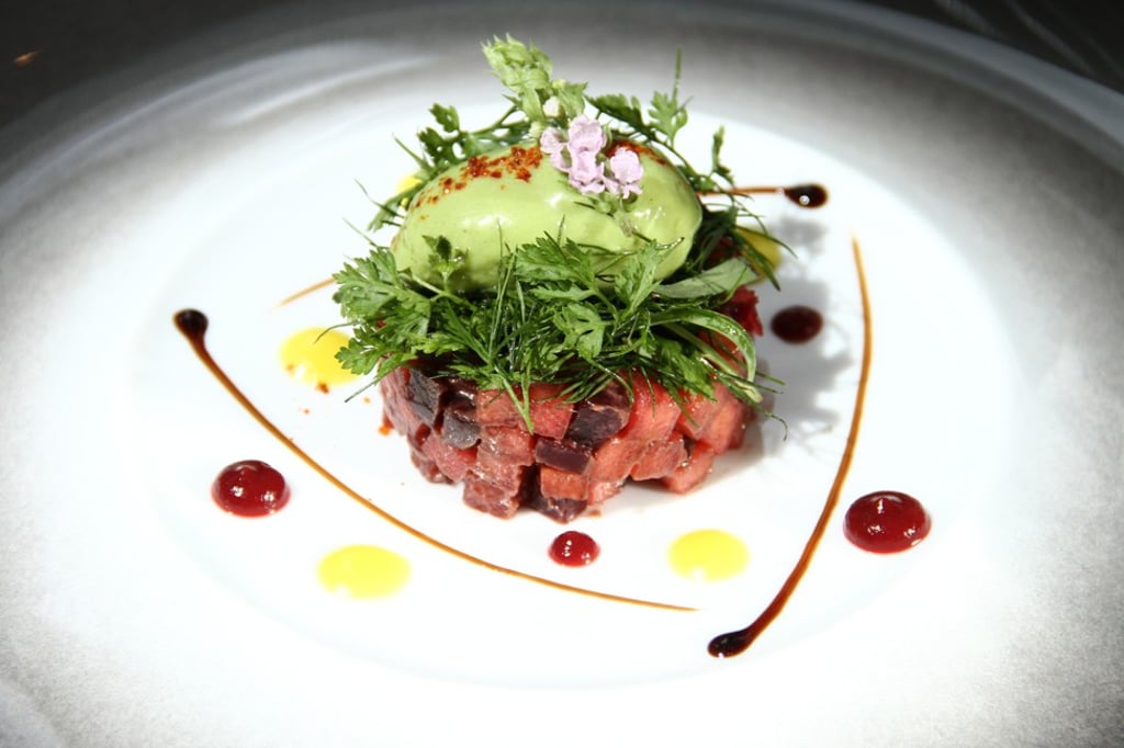 A dish of beetroot and apple salad with avocado and green mustard sorbet at L’Atelier de Joël Robuchon