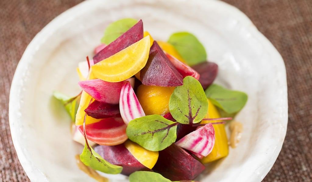 Roast beetroot salad with goma ponzu sauce from the cherry blossom menu at Zuma.