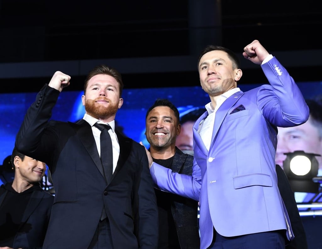 Canelo Alvarez (left), boxing promoter and former professional Oscar De La Hoya (centre) and Gennady Golovkin pose during a news conference in Los Angeles to announce their upcoming rematch. Photo: AFP