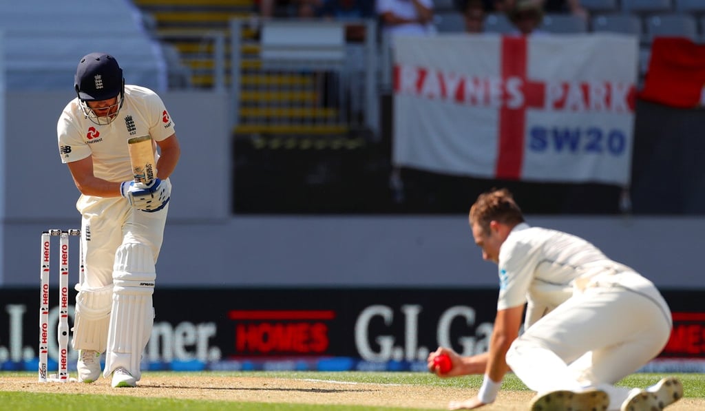 England’s Jonny Bairstow reacts as New Zealand’s Tim Southee dives to take a catch and dismiss him. Photo: Reuters