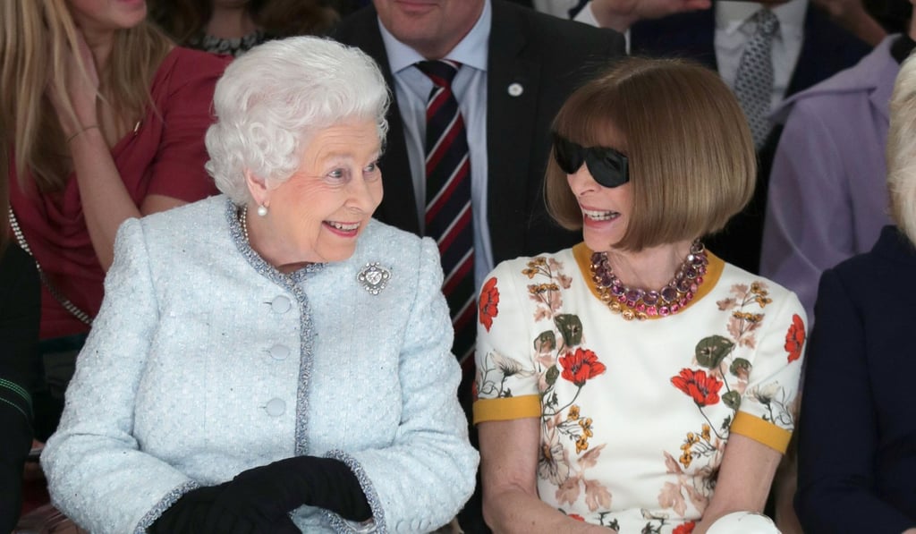 The queen of England and the queen of fashion on the front row at London Fashion Week. Picture: Reuters