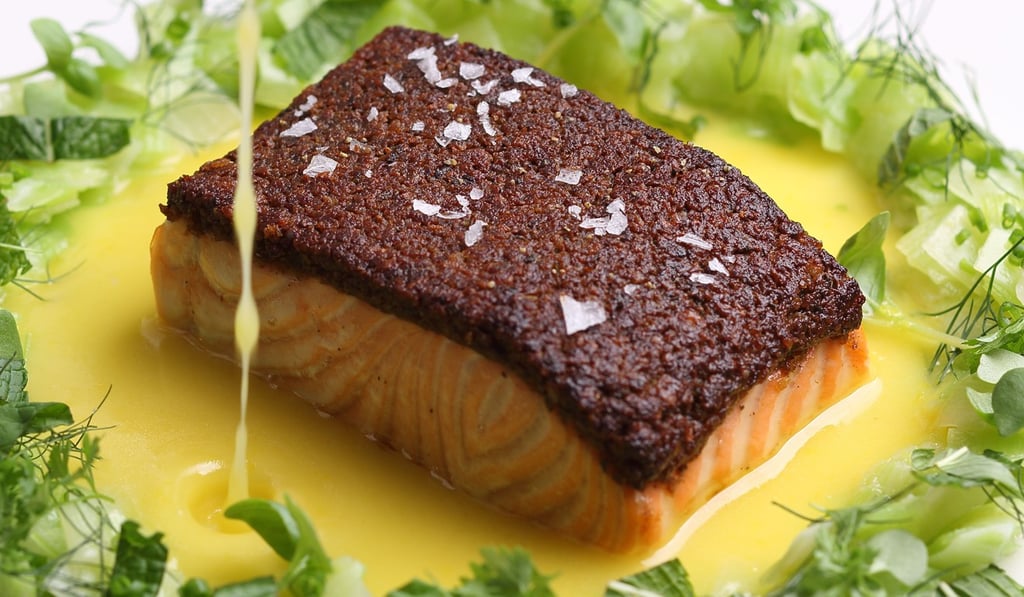 Porcini crusted salmon with warm leek vinaigrette Mercato