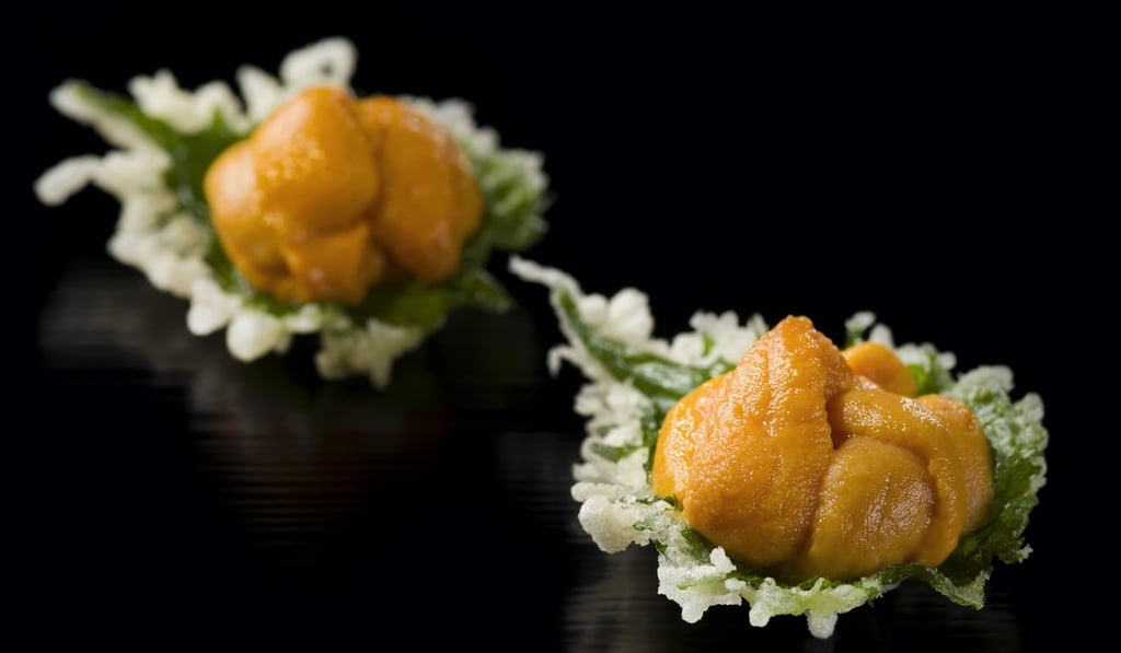 Tempura shiso leaf with sea urchin by Sam Sin at Mizumi at Wynn Macau