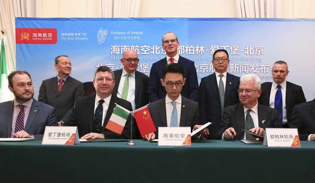Simon Coveney, pictured centre rear, at one of a series of events at the Irish embassy in Beijing to boost ties between the two countries. Photo: Handout