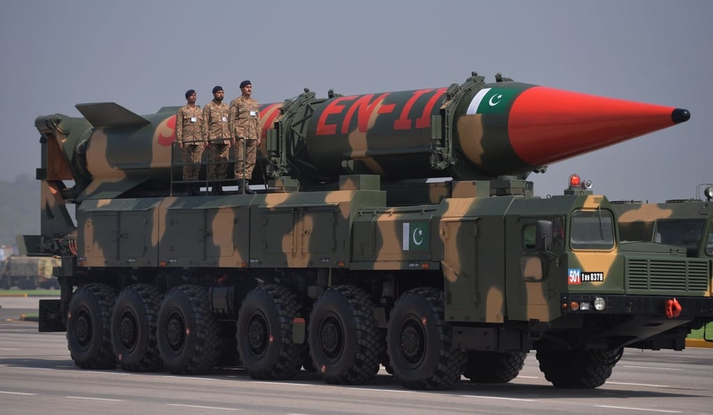 Pakistani army soldiers travel on a vehicle carrying long-range ballistic Shaheen II missiles during the Pakistan Day military parade. Photo: AFP Pakistani army soldiers travel on a vehicle carrying long-range ballistic Shaheen II missiles during the Pakistan Day military parade. Photo: AFP