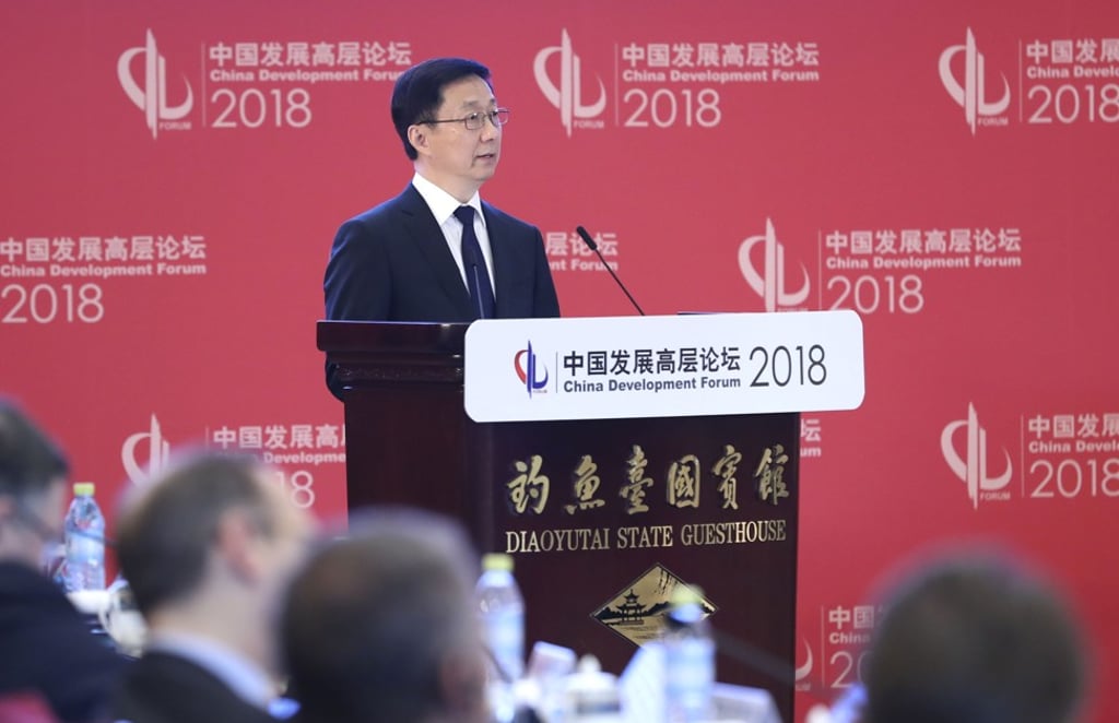 Vice-Premier Han Zheng speaks at the China Development Forum in Beijing on Sunday. Photo: Xinhua Vice-Premier Han Zheng speaks at the China Development Forum in Beijing on Sunday. Photo: Xinhua