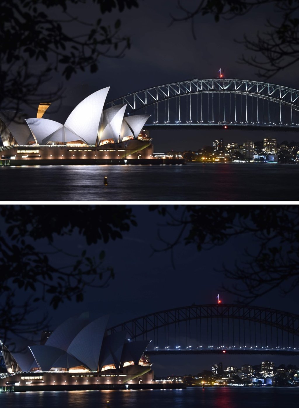 A combination photo shows the Sydney Harbour Bridge and Opera House being plunged into darkness for the Earth Hour environmental campaign on March 24, 2018. Photo: AFP