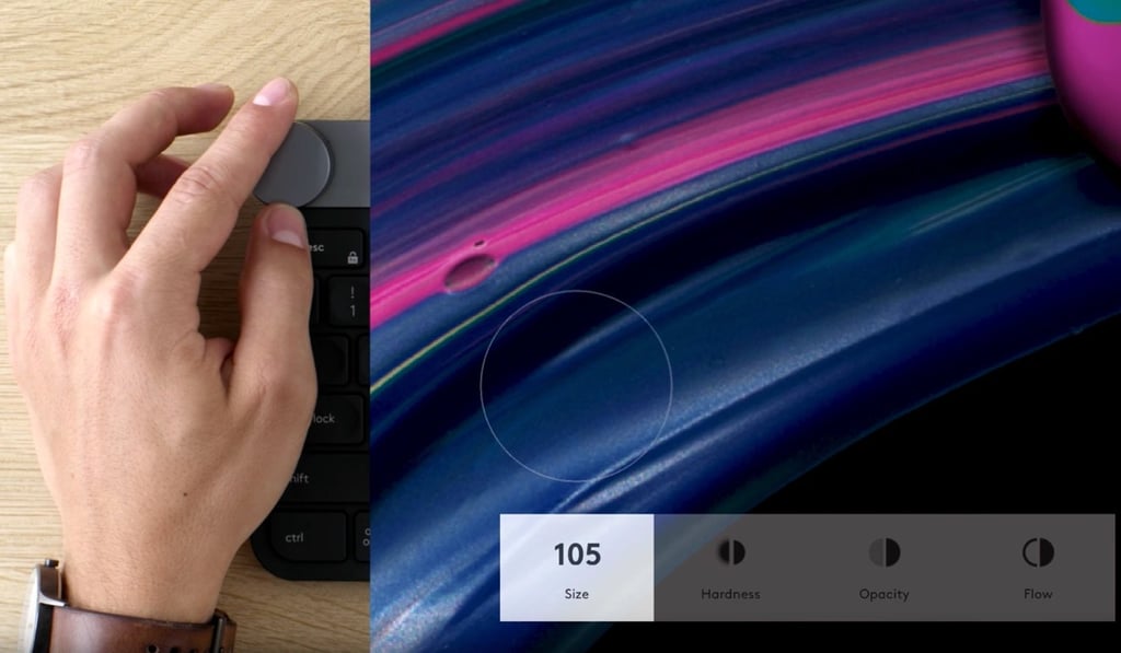 Selecting the brush settings on Photoshop with the dial on Logitech’s Craft keyboard. Selecting the brush settings on Photoshop with the dial on Logitech’s Craft keyboard.