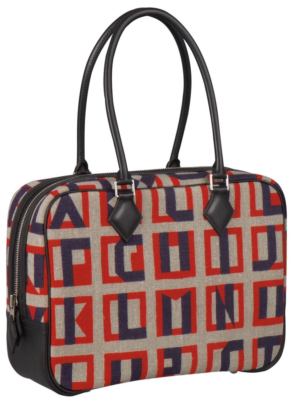 Hermès’ Plume 28 bag in Lettres au carré print toile de camp and Swift calfskin