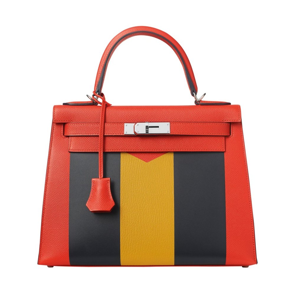 Hermès’ Kelly Sellier 28 bag Kellygraphie, in Epsom calfskin, Sombrero calfskin and Mysore goatskin. There are six different bags, each one of which spells out a different letter of the word “Hermes”; this is the “M” model.