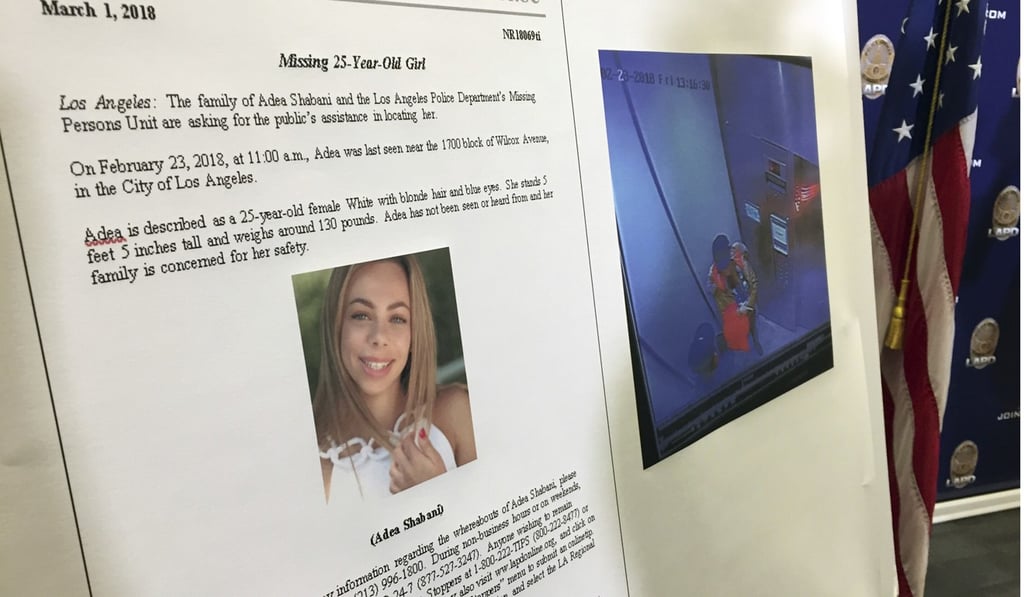 This photo taken during a news conference on Tuesday in Los Angeles shows a poster about Adea Shabani, an aspiring model and actress from Macedonia who vanished in Los Angeles in February. Photo: AP This photo taken during a news conference on Tuesday in Los Angeles shows a poster about Adea Shabani, an aspiring model and actress from Macedonia who vanished in Los Angeles in February. Photo: AP